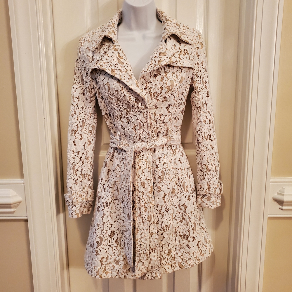 bebe Cream Lace Trench Coat With Pockets